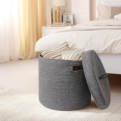 Storage Basket with Lid, Woven Blanket Storage for Living Room, Cute Cotton Rope Bin with Lid, Round Wicker Laundry Basket with Cover, Decorative Kid Dog Toy Box, Nursery Organizer, 15"x13"