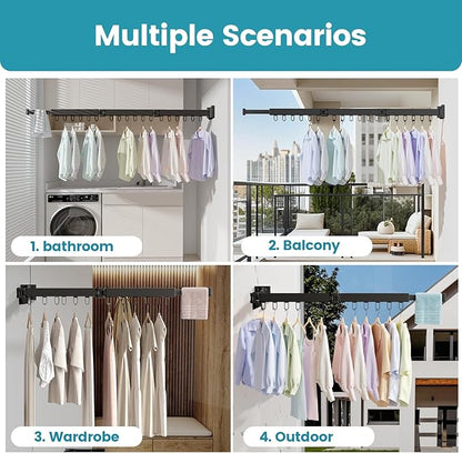Abiglifty Clothes Drying Rack Wall Mounted, Laundry Drying Rack Collapsible, Foldable & Retractablewith 18 Hooks for Indoor/Outdoor Use inLaundry Room, Bathroom & Balcony (Black)