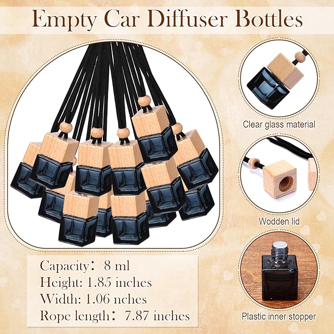 DaisyInner 150 Sets Car Diffuser Bottles Empty Bulk Hanging Car Air Freshener Diffuser Bottles Bulk Glass Perfume Holder with Instruction Cards for Essential Oil Fragrance Pendant(Square,Black)