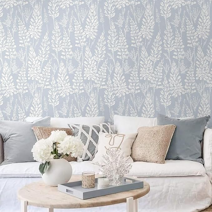 Ismoon Floral Peel and Stick Wallpaper Boho Blue Contact Paper 17.3'' x 393'' Neutral Wallpaper Renter Friendly Removable Self-Adhesive Wall Paper for Bedroom Kitchen Wall Decor Vinyl
