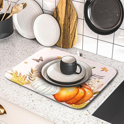 Fall Pumpkin Maple Dish Drying Mat for Kitchen Counter,Autumn Butterflies Harvest Drying Mat 16 x 18 Inch with Absorbent Reversible Microfiber Dish Drying Pad Dish Rack Drainer Mat for Coffee Bar