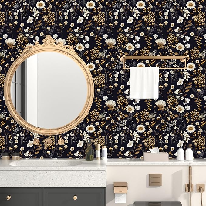 Floral Peel and Stick Wallpaper Vintage Black gold Flower Contact Paper Vinyl Waterproof Self Adhesive Removable Retro Decor Dark Botanical Wall Paper for Bedroom Walls Bookcase Drawers 17.5" x 393"