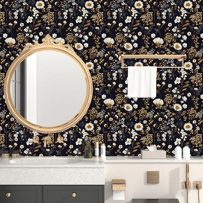 Floral Peel and Stick Wallpaper Vintage Black gold Flower Contact Paper Vinyl Waterproof Self Adhesive Removable Retro Decor Dark Botanical Wall Paper for Bedroom Walls Bookcase Drawers 17.5" x 393"
