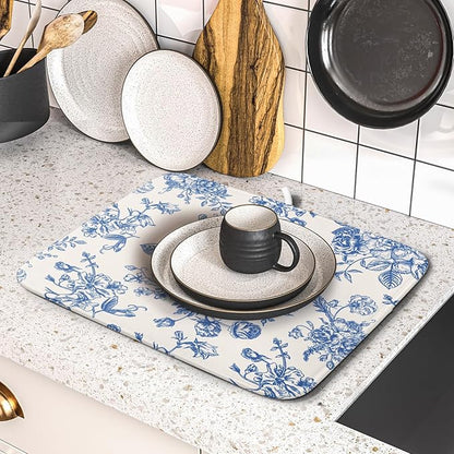 Vintage Blue Floral Dish Drying Mat for Kitchen Counter 16x18 Inch Chinoiserie Flowers Absorbent Reversible Microfiber Dish Pad Dish Drainer Rack Mats Countertops Protector Mat