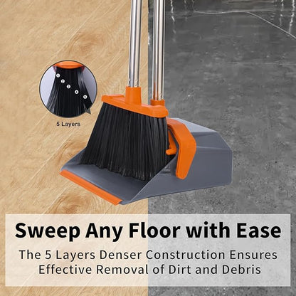 Broom and Dustpan Set with 51'' Long Handle, Upright Broom and Dustpan Combo for Home Kitchen Office Restaurant Garage Lobby Dog Cat Pets Hair - Grey and Orange