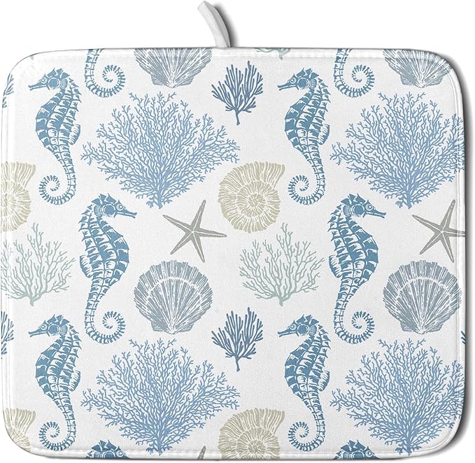 Blue Coral Dish Drying Pad 18 x 24 Inch With Absorbent Reversible Microfiber Coastal Starfish Seashell Summer Drying Mats Dish Drainer Mat Fast Dry For Kitchen Dining Room Decoration