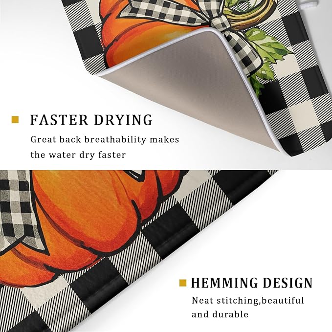 Fall Thanksgiving Pumpkin Dish Drying Mat for Kitchen Counter 18x24 Autumn Buffalo Plaid Bowknot Print Absorbent Reversible Microfiber Drying Mats Kitchen Countertop Protector Dishes Drainer Pad
