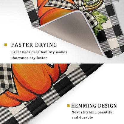 Fall Thanksgiving Pumpkin Dish Drying Mat for Kitchen Counter 18x24 Autumn Buffalo Plaid Bowknot Print Absorbent Reversible Microfiber Drying Mats Kitchen Countertop Protector Dishes Drainer Pad