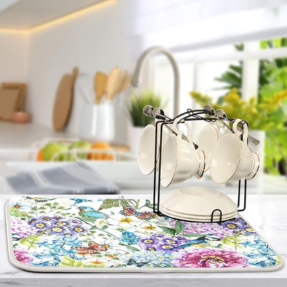Floral Birds Dish Drying Mat for Kitchen Spring Globe Daisy Butterfly Flowers Microfiber Drying Mats Absorbent Reversible Dish Pad Medium Dish Draining Mat 16x18 inch