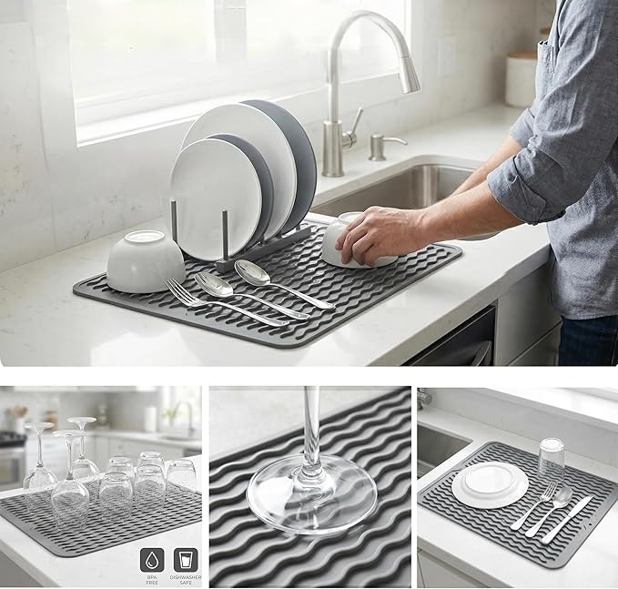 MicoYang Silicone Dish Drying Mat for Kitchen Counter or Sink, Refrigerator or Drawer Liner, Easy Clean, Eco-Friendly, Heat-Resistant, Grey, 16 inches x 12 inches