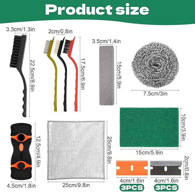 Heavy Duty Oven Cleaner Brush Kits, 12 Pcs Oven Cleaning Tools Accessories, Include Razor Blade Scraper, Crevice Cleaning Brush, Steel Wool Scrubber, Scrub Sponges,Cleaning Rags