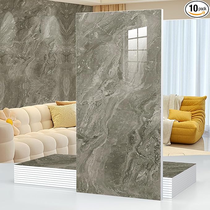 10pcs Marble Peel and Stick Waterproof Wall Panels,Heat-Resistant Backsplash Tile, 23.6"x11.8" PVC Foam Wall Sticker for Kitchen,Living Rooms, Bedrooms TV Walls,Grey (Not Real Tile 19.4Sq. Ft.)