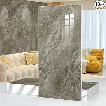 10pcs Marble Peel and Stick Waterproof Wall Panels,Heat-Resistant Backsplash Tile, 23.6"x11.8" PVC Foam Wall Sticker for Kitchen,Living Rooms, Bedrooms TV Walls,Grey (Not Real Tile 19.4Sq. Ft.)