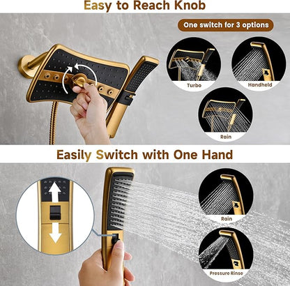 BRIGHT SHOWERS Dual Shower Head with Handheld, High Pressure Rainfall Shower Head Combo, 60-Inch Stainless Steel Hose, Brushed Gold