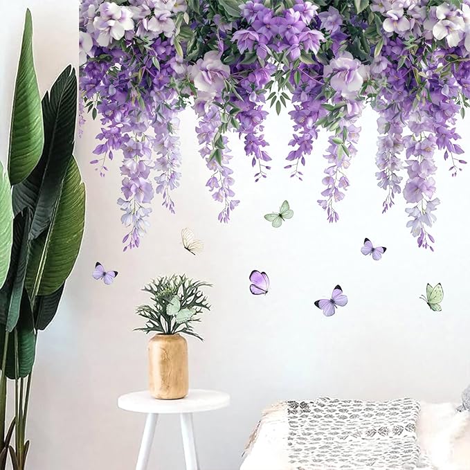 Purple Hanging Vine Wall Decals, Removable Wisteria Floral Vinyl Stickers, Flower Vine Butterfly Stickers Art Wallpaper for Home Clings Bathroom Bedroom Living Room Wall Corner Decor