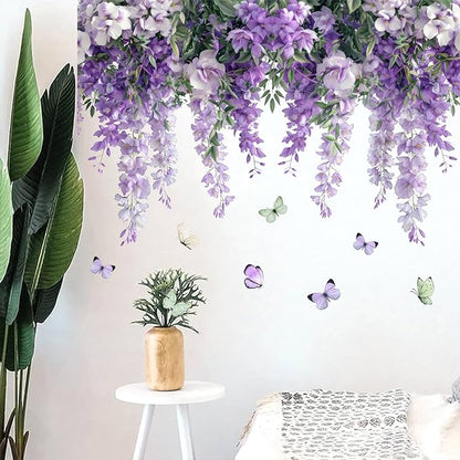 Purple Hanging Vine Wall Decals, Removable Wisteria Floral Vinyl Stickers, Flower Vine Butterfly Stickers Art Wallpaper for Home Clings Bathroom Bedroom Living Room Wall Corner Decor