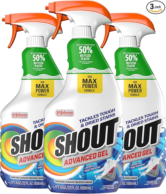 Shout Advanced Laundry Stain Remover Gel for Clothes Laundry, Breaks Down Stubborn, Dried-in, and Tough Stains, 22oz Spray, Pack of 3 (Packaging May Vary)
