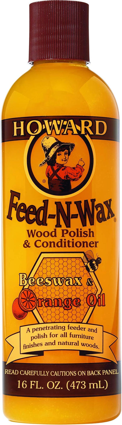 Howard Products Beeswax Wood Polish & Conditioner, Feed-N-Wax, Beeswax Furniture Polish For Wood, 16 Oz, Orange