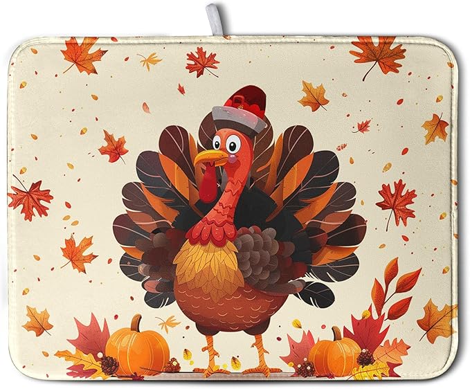 Happy Thanksgiving Dish Drying Mats for Kitchen Counter Autumn Fall Turkey Maple Leaves Pumpkin Drying Mat 18 x 24 Inch Microfiber Absorbent Dish Drying Pad Washable Dish Drainer Mats for Coffee Bar