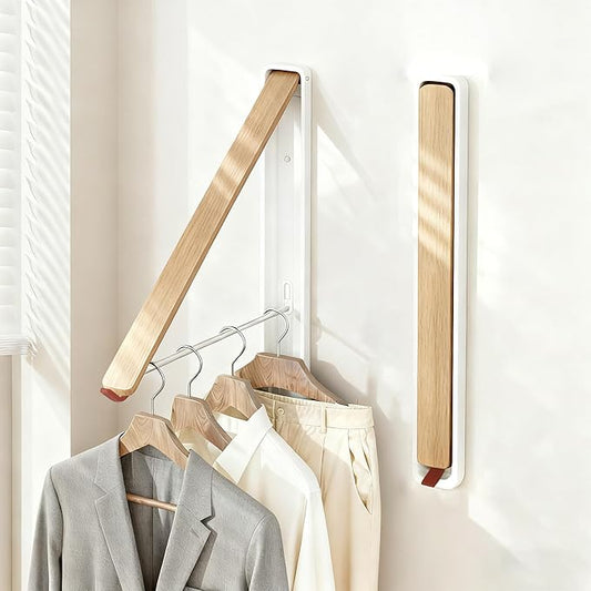Clothes Drying Rack Wall Mounted for Laundry, Retractable & Foldable Clothes Hanger, Indoor Outdoor Wall Dryer Rack Organization for Dorm, Closet, Apartment, Balcony, Laundry, Rv, Alcove, Wood