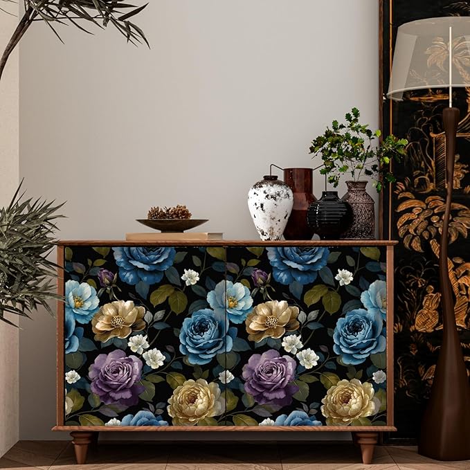 Fvlow Watercolor Wallpaper Peel and Stick, Vintage Large Floral Contact Paper Waterproof Self-Adhesive Dark Flower Wall Paper for Bedroom Countertop Desk Cabinets Decor 17.4" x 118" Renter Friendly
