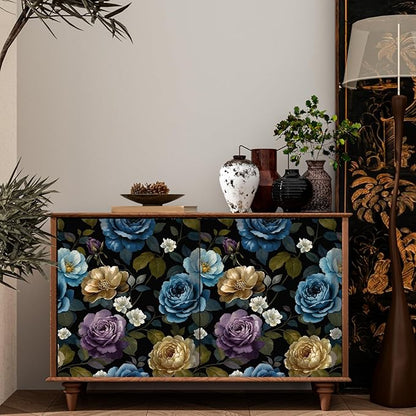 Fvlow Watercolor Wallpaper Peel and Stick, Vintage Large Floral Contact Paper Waterproof Self-Adhesive Dark Flower Wall Paper for Bedroom Countertop Desk Cabinets Decor 17.4" x 118" Renter Friendly