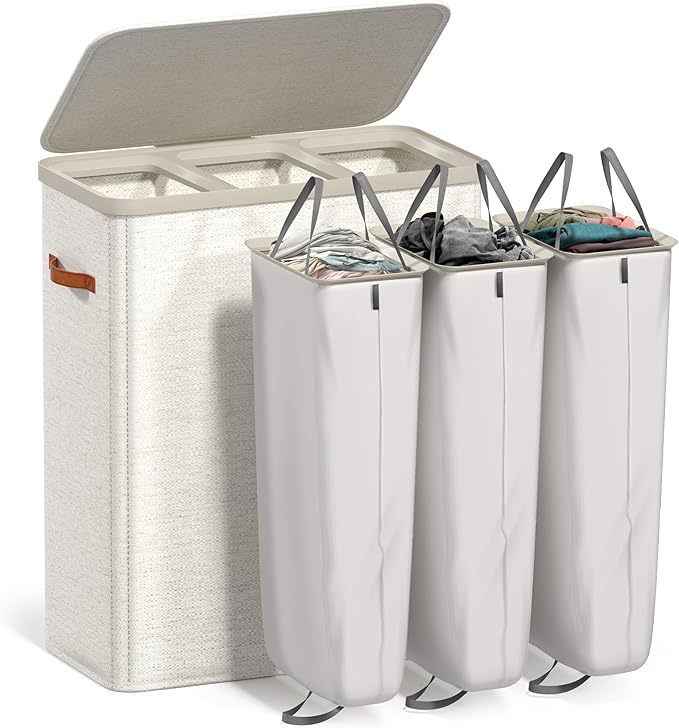 Sorbus Laundry Hamper with Lid - Collapsible 3-Compartment Fabric Laundry Basket with Handles and Removable Laundry Bag – 50 Gallon (190 L) Dirty Clothes Hamper for Bedroom, bathroom and dorm (Beige)
