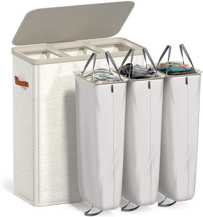 Sorbus Laundry Hamper with Lid - Collapsible 3-Compartment Fabric Laundry Basket with Handles and Removable Laundry Bag – 50 Gallon (190 L) Dirty Clothes Hamper for Bedroom, bathroom and dorm (Beige)