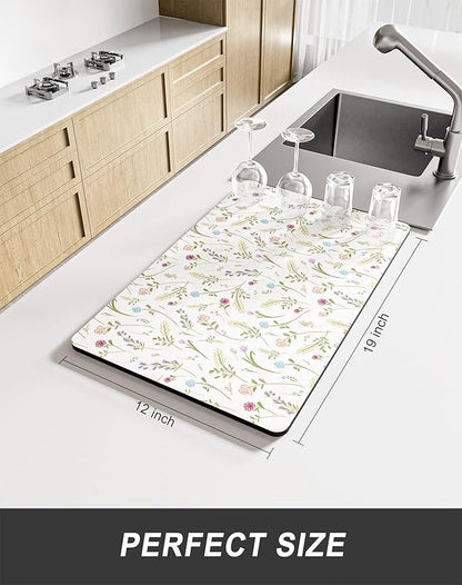 Rnivvi Dish Drying Mat for Kitchen Counter, 12 x 19" Cute Flower Theme Super Absorbent Draining Pad, Non-Slip Heat Resistant Coffee Bar Mat for Coffee Machine Station Accessories, White Dish Rack Pad