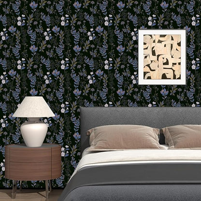 Fvlow Black Blue Floral Wallpaper Peel and Stick Boho Blue Purple Leaf Contact Paper 17.4" X 118" Vintage Wallpaper Waterproof Self-Adhesive Dark Wall Covering for Bedroom Countertop Desk Cabinets