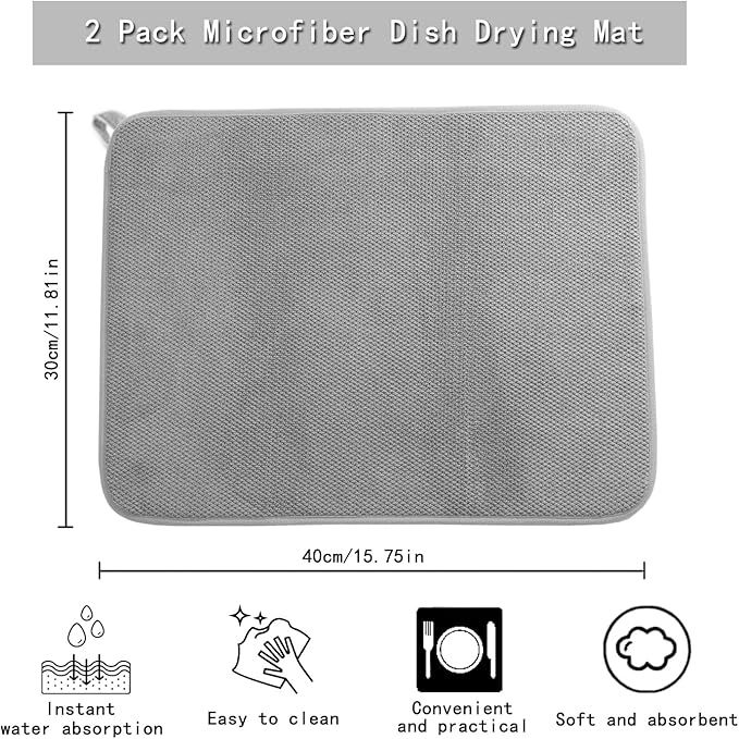 Dish Drying Mat, Microfiber Dish Drying Pad for Kitchen Counter, Small Size Absorbent Dishes Drainer Mats for Countertop, Sink, Draining Rack (2 Pack, Grey, 12inch*16inch)