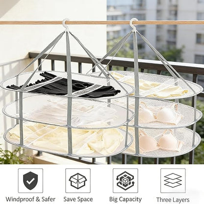 Hanging Drying Rack Foldable Sweater Clothes Dryer Flat Mesh Large Portable Fixed Windproof for Home, Dormitory and Bathroom 3 Tier