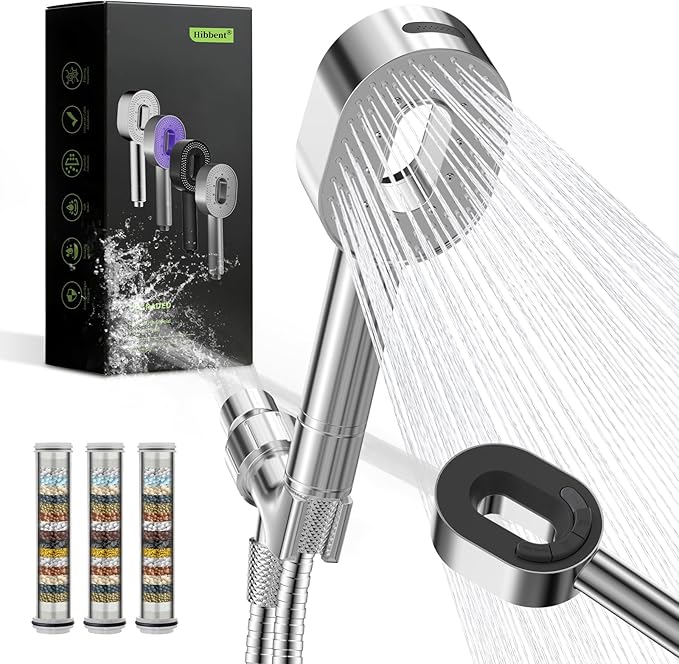 Hibbent Filtered Showerhead with handheld, High Pressure 5 Sprays Shower Head, Anti-clog Nozzles, Brass Holder & 71" Metal Hose, 3 Water Softener Filter Remove Chlorine, Reduce Dry Itchy Skin, Chrome