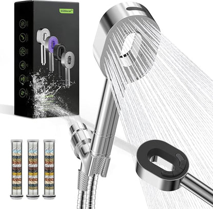 Hibbent Filtered Showerhead with handheld, High Pressure 5 Sprays Shower Head, Anti-clog Nozzles, Brass Holder & 71" Metal Hose, 3 Water Softener Filter Remove Chlorine, Reduce Dry Itchy Skin, Chrome