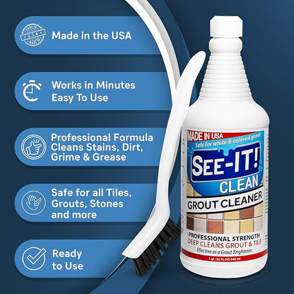 SEE-IT! Grout & Tile Deep Cleaner Brightener & Heavy-Duty Stain Remover Acid-Free Safe for Ceramic, Porcelain, Marble, Stone - 32 fl. oz. with Hand Cleaning Brush