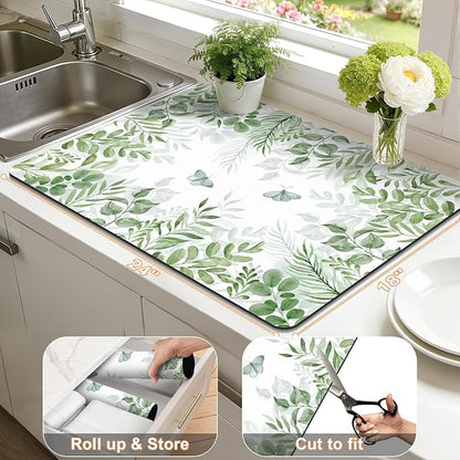 LOKHOM Dish Drying Mat for Kitchen Counter, 18"x24" Absorbent Mat with Green Plant & Butterfly Pattern, Drain Rack Mat for Counter Coffee Maker, Dining Room Decor