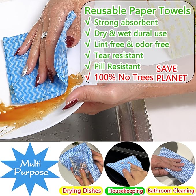 Reusable Paper Towels Washable, 2 Pack 120 Count Disposable Dish Cloths, Kitchen Washcloths Bathroom Hand Towels, Fast Dry Dishwashing Rags - Strong Absorbent - Green & Pink