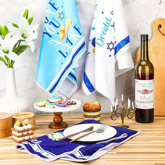 Zubebe 6 Pieces Hanukkah Kitchen Towels Decorations for Home Blue Menorah Gnomes Stars Happy Hanukkah Gift Candlestick Towels Jewish Festival Tea Towel Hand Drying Towel for Cooking Baking