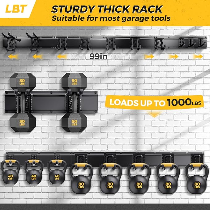 LBT 99" Garage Tool Organizer Wall Mount - 1000lbs Garden Tool Organizer with Adjustable Hooks, Heavy Duty Metal Garage Storage Rack, Anti-Rust Shed Rack Holder Hanging Rake Broom Mower Snowboard