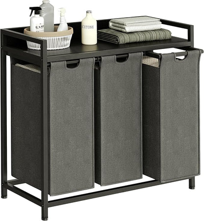 Laundry Hamper with Shelf, Laundry Basket 3 Section, Laundry Sorter with Pull-Out Removable Large Bags and Movable Wheels, Metal Frame, 3 x 15.87 Gallons (60L), Black and Gray PF04XLC