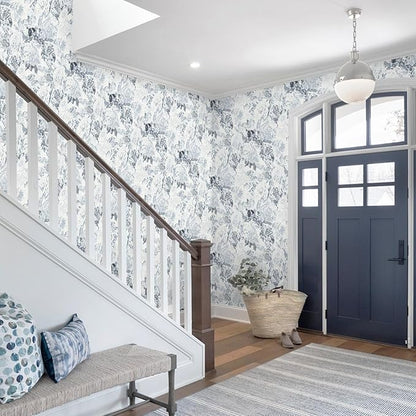 Dimoon 197"x17.3" Floral Peel and Stick Wallpaper Boho Blue White Contact Paper Flower Removable Wallpaper Renter Friendly Kitchen Wall Paper Shelf Liner Bathroom Self Adhesive Vintage Thicken Vinyl