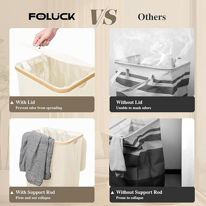 Large Laundry Hamper, 75L Waterproof Laundry Basket with Lid and Removable Bag, Collapsible Tall Clothes Hamper with Bamboo Handles for Clothes Toys in Dorm Bedroom Bathroom, Beige