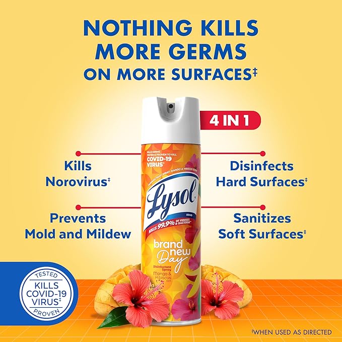 Lysol Disinfectant Spray, Sanitizing and Antibacterial Spray, For Disinfecting and Deodorizing, Mango & Hibiscus Scent, 19 Fl Oz