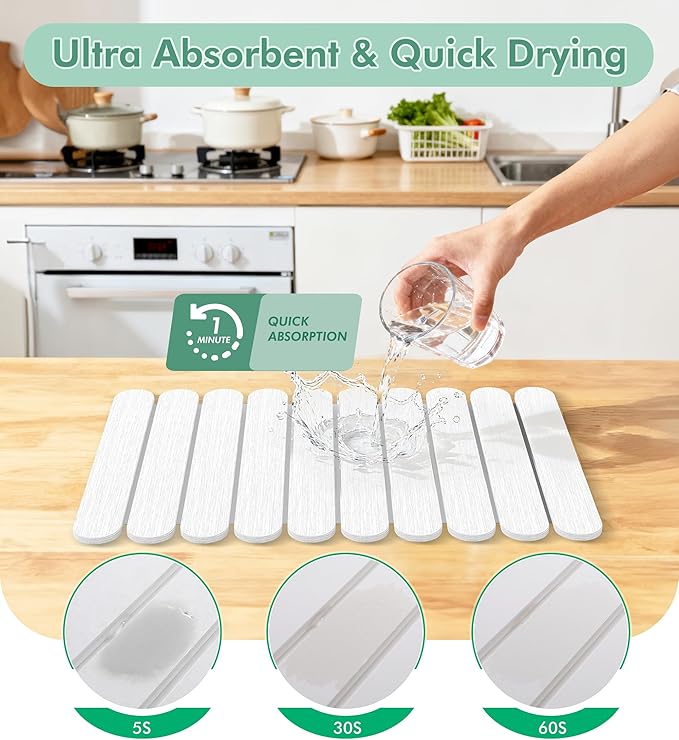 Large Stone Dish Drying Mat for Kitchen Counter, Quick Dry Diatomaceous Earth Stone Mat, Roll-Up Dish Mat for Dishes Bottles Cups, Super Absorbent & Non-Slip, 24"×16",White