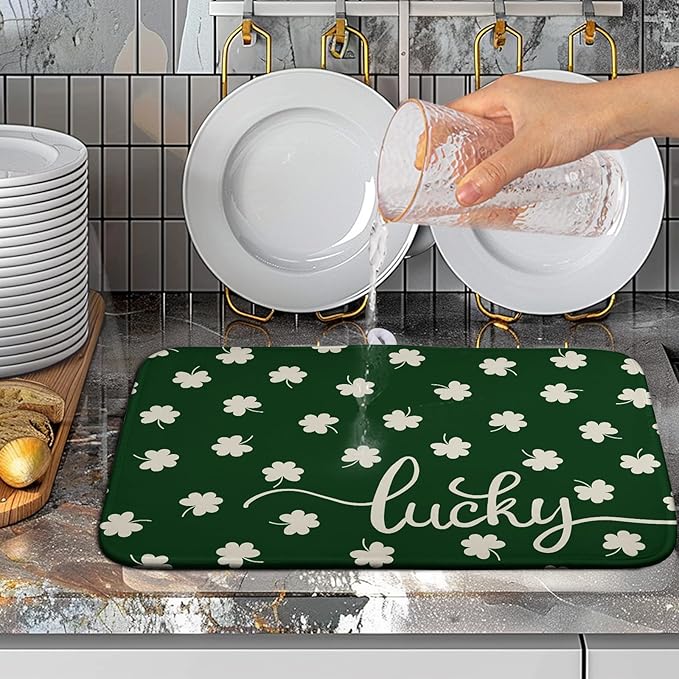 St Patrick Shamrock Drying Mat for Kitchen Counter Green White Lucky Clover Drying Dish Mat St Patricks Day Absorbent Microfiber Dish Drying Pad Reusable Dry Mat 16 x 18 Inch