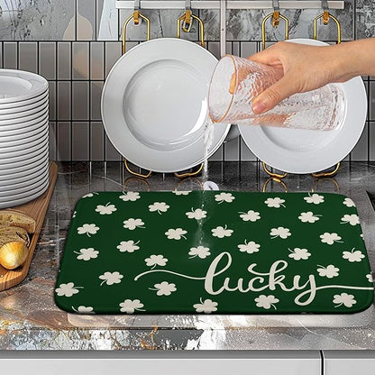 St Patrick Shamrock Drying Mat for Kitchen Counter Green White Lucky Clover Drying Dish Mat St Patricks Day Absorbent Microfiber Dish Drying Pad Reusable Dry Mat 16 x 18 Inch