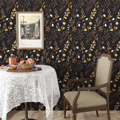 Black Floral Wallpaper Peel and Stick, Dark Gold Vintage Flower Contact Paper, Golden/White Botanical Wall Paper Self Adhesive Waterproof Removable for Room Cabinet Drawer Table Decor 17.5" x 118"