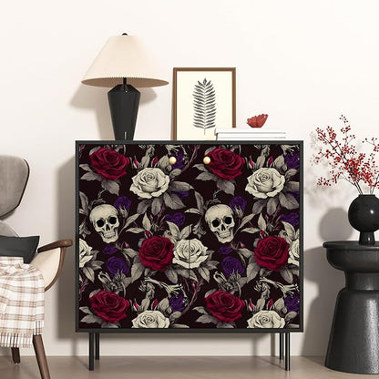 Skull Wallpaper Peel and Stick, Gothic Dark Purple/Red Rose Floral Contact Paper, Vintage Botanical Wall Paper Self Adhesive Removable Waterproof for Bedroom Shelves Cabinet Drawer Table 17.5" x 118"