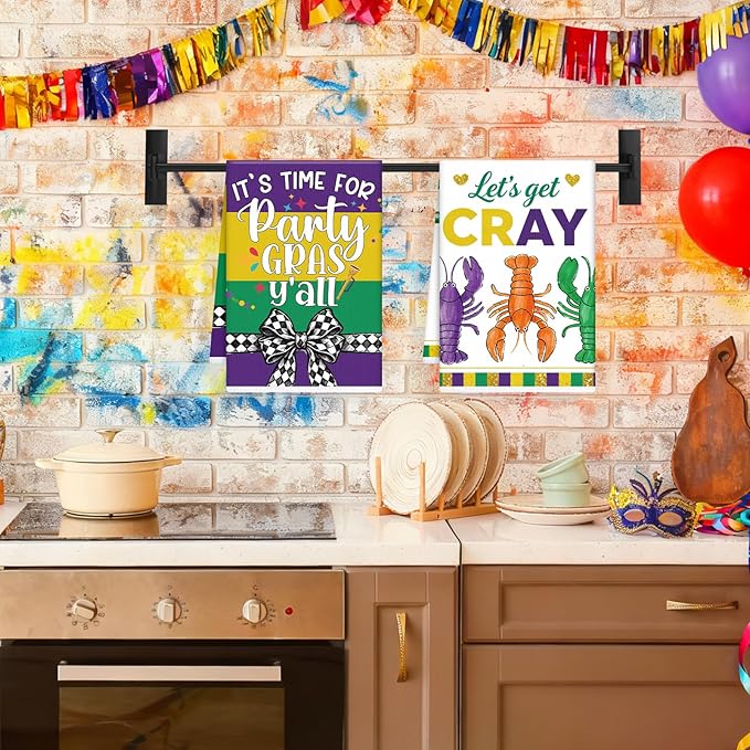 Mardi Carnival Gras Kitchen Towels, 4PCS Let's Get Cray Dish Towels for Cooking Cleaning, Gnome and Crawfish Absorbent Tea Towel with Hanging Loop for Home Decor(16 X 24 Inches)