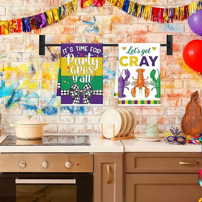 Mardi Carnival Gras Kitchen Towels, 4PCS Let's Get Cray Dish Towels for Cooking Cleaning, Gnome and Crawfish Absorbent Tea Towel with Hanging Loop for Home Decor(16 X 24 Inches)